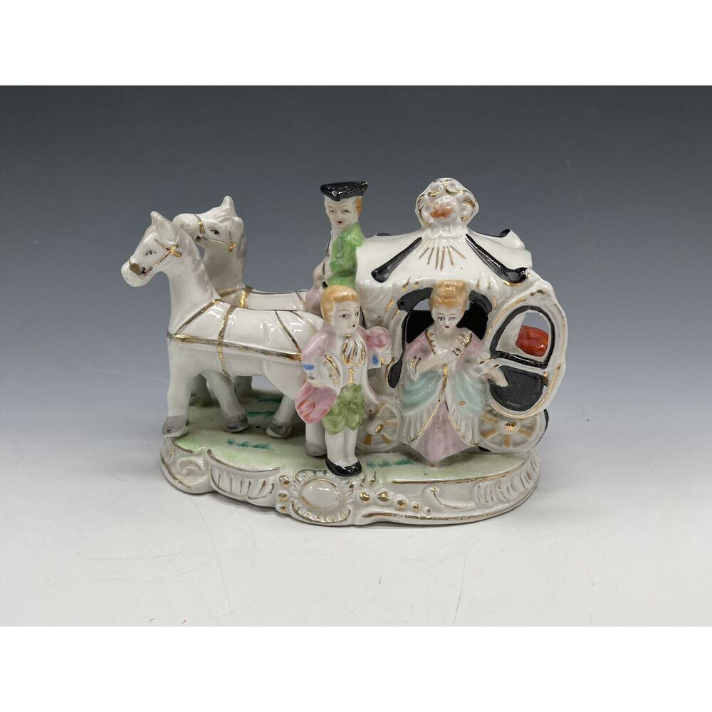 Vintage Ceramic Figurine English Victorian Couple with Carriage and Horses 6"x3"